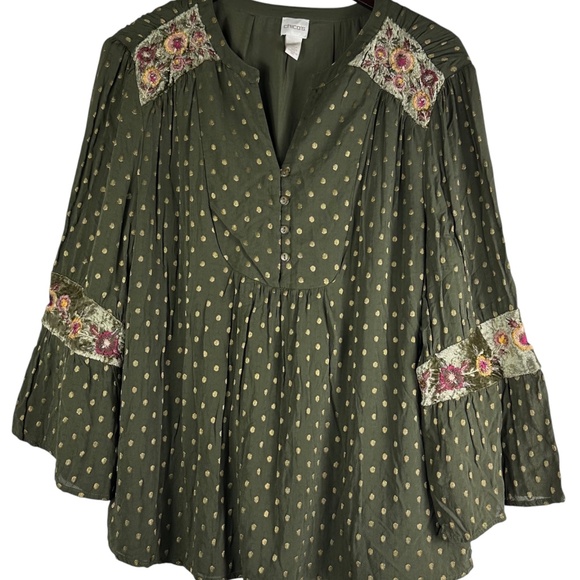 Chicos Shirt Top Tunic Blouse Sz 3 (XL 1X 16 18) Green Floral Peasant Gypsy - Picture 2 of 6